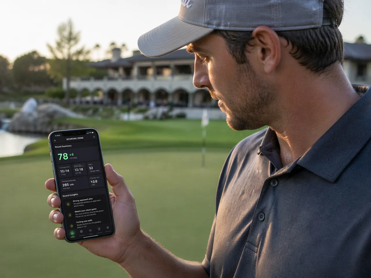 Golfer reviewing his round stats and handicap calculation on a phone